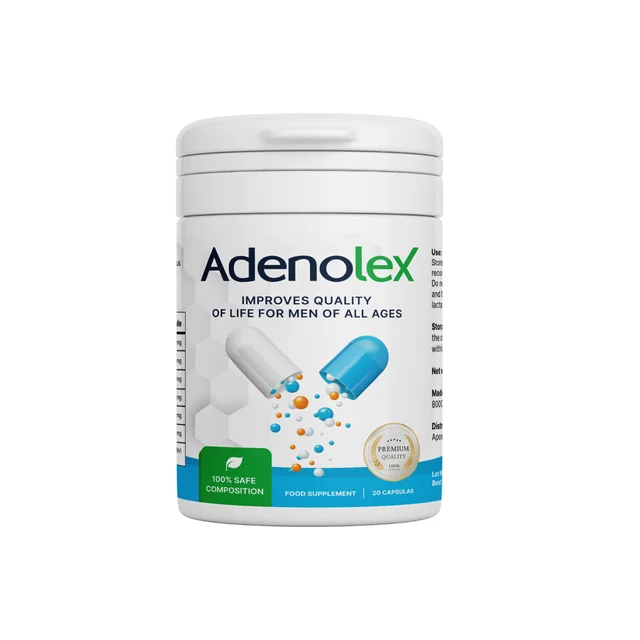 Bote blanco de Adenolex, complemento alimenticio de 20 cápsulas para hombres, con mención de composición 100% segura