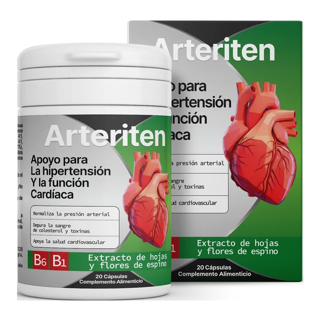 Bote y caja de Arteriten con 20 cápsulas, complemento alimenticio con extracto de hojas y flores de espino blanco y vitaminas B1 y B6