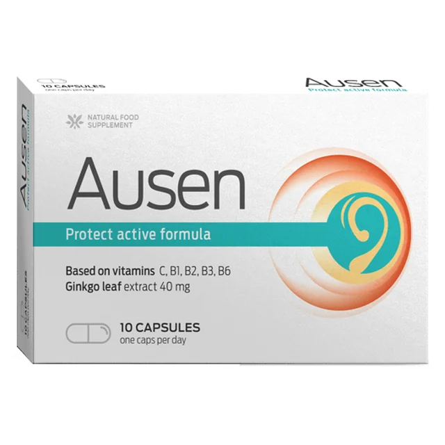 Caja de Ausen protect active formula con diez cápsulas, vitaminas del grupo B y extracto de hoja de ginkgo