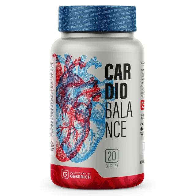 Bote blanco CardioBalance de Geberich con 20 cápsulas, tapón azul y dibujo anatómico de un corazón