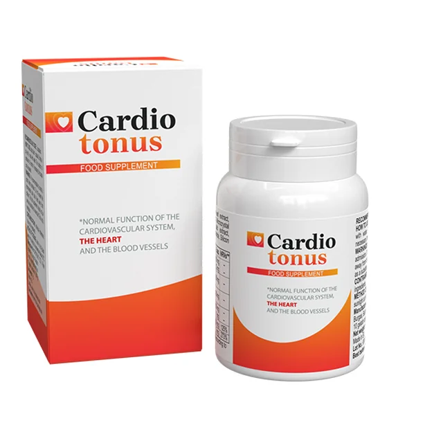 Bote y caja de Cardiotonus, complemento alimenticio en cápsulas con espino blanco, ajo, valeriana y vitamina B2