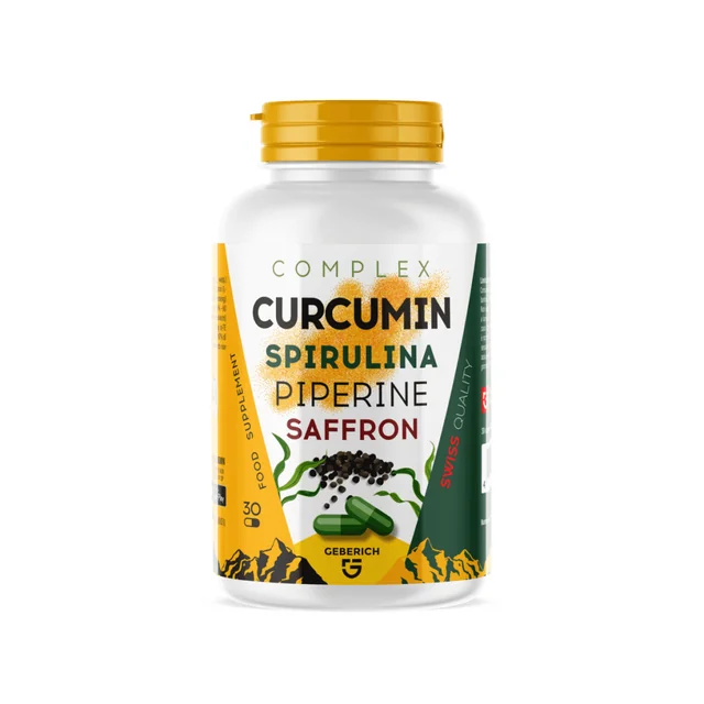 Bote blanco de Curcuma Complex de la marca Geberich, 30 cápsulas con curcumina, espirulina, piperina y azafrán