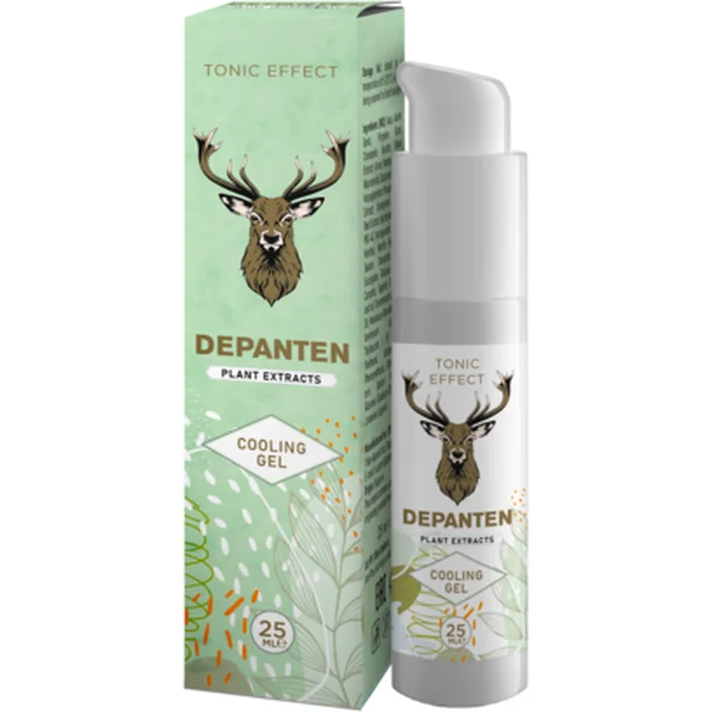 Frasco dosificador y caja de Depanten, gel de efecto frío de 25 ml