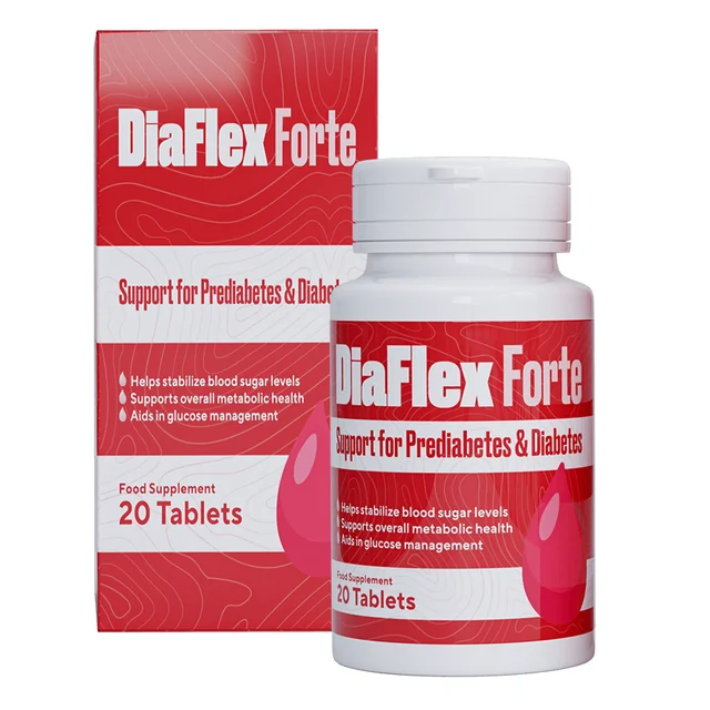 Caja y bote rojo de DiaFlex Forte, complemento alimenticio de 20 comprimidos de apoyo metabólico