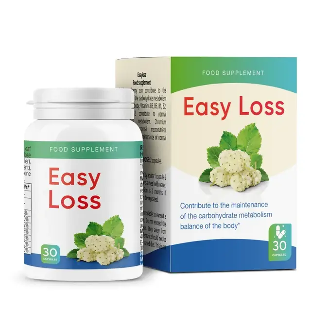Bote y caja de Easy Loss, complemento alimenticio con morera blanca, vitaminas B y cromo, 30 cápsulas