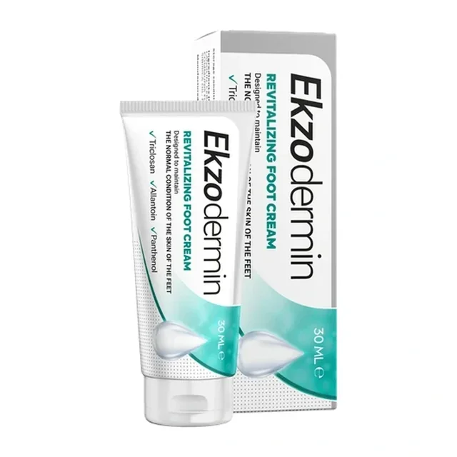 Tubo y estuche de Ekzodermin de 30 ml, crema revitalizante para los pies con triclosán, alantoína y pantenol
