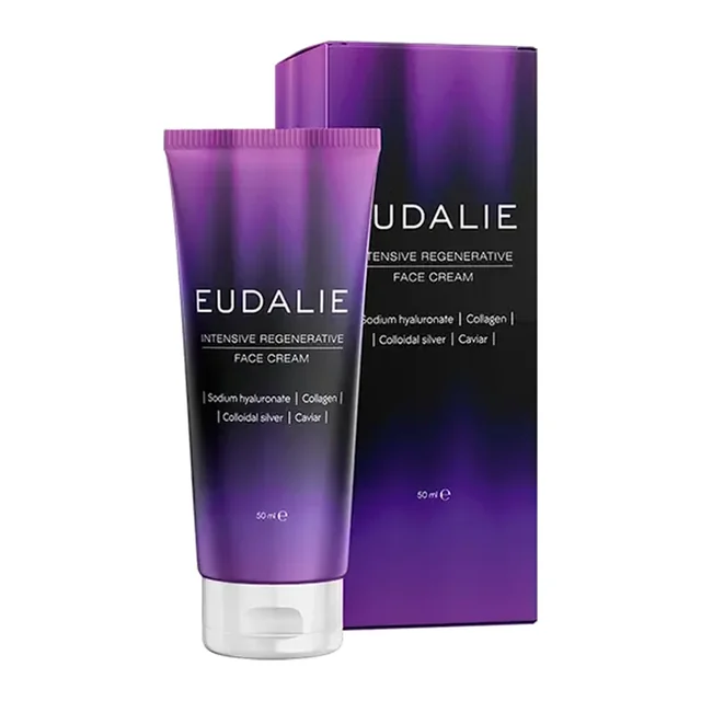 Tubo y estuche de Eudalie 50 ml, crema facial regeneradora intensiva con hialuronato de sodio, colágeno, plata coloidal y caviar