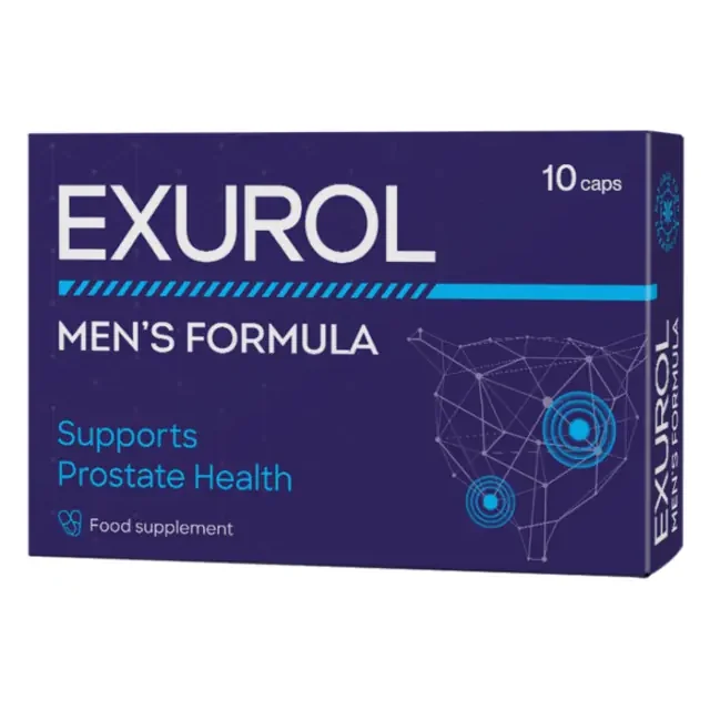 Caja azul oscuro de Exurol con la mención Men's formula, complemento alimenticio masculino de diez cápsulas