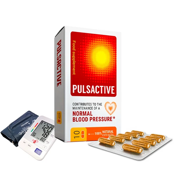 Caja roja y blanca de Pulsactive con su blíster de 10 cápsulas, complemento alimenticio de extractos naturales