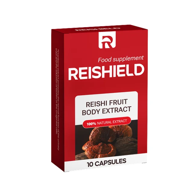 Caja roja Reishield de 10 cápsulas con la mención food supplement y extracto de cuerpo fructífero de reishi
