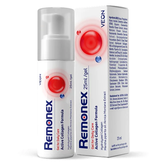 Frasco dosificador y caja de Remonex gel de 25 ml de la marca VEON para el cuidado articular diario