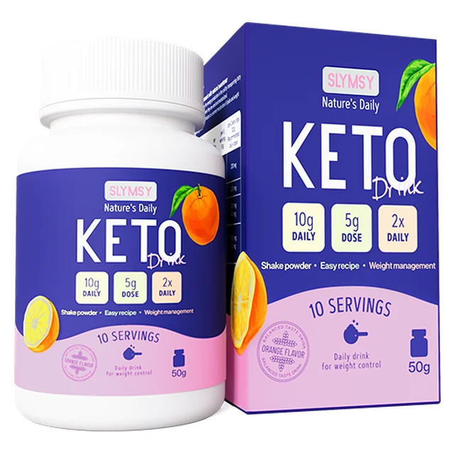 Bote Slymsy Keto Drink de 50 g con su caja, bebida en polvo sabor naranja con L-carnitina