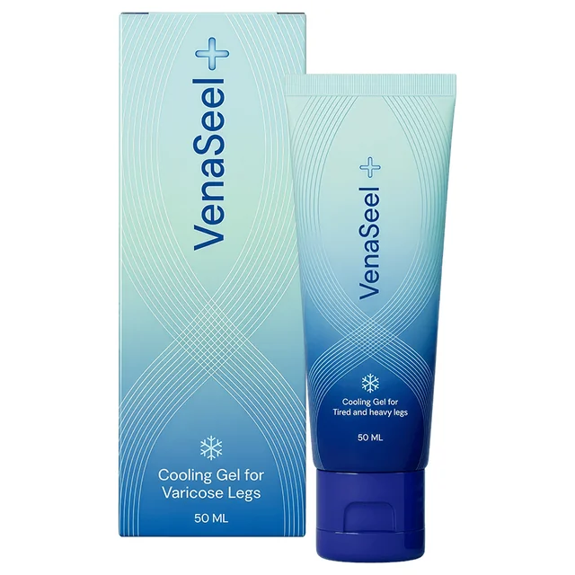 Tubo y caja azules VenaSeel de 50 ml con la mención Cooling Gel para piernas cansadas y pesadas